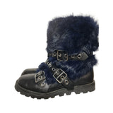 Marc By Marc Jacobs Blue Fur Leather Ankle Boots Bucle Straps Size 4.5