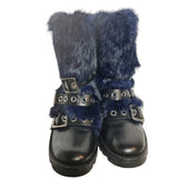 Marc By Marc Jacobs Blue Fur Leather Ankle Boots Bucle Straps Size 4.5