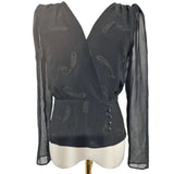 The Kooples Black Sheer Lurex Paisley Chiffon Top Long Sleeve Blouse Size 8