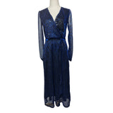 Principles Blue Metallic Glitter Plisse Maxi Dress Long Sleeve Belted Size 8