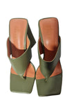 Oh Polly Womens Olive Green Square Toe Sculptural Block Heel Mules Sandals Size 3