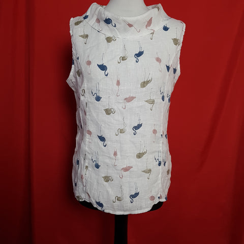 Blue Orchid White Flamingo Print Linen Top Size L Made in Italy