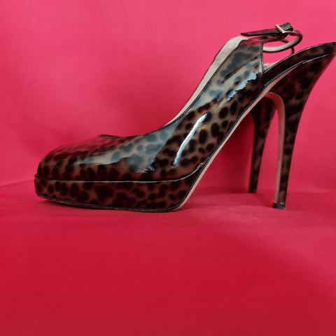 Jimmy Choo Brown Patent Leather Leopard Print Open Toe Heels Shoes Size 6.5 / 39.5.