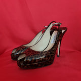 Jimmy Choo Brown Patent Leather Leopard Print Open Toe Heels Shoes Size 6.5 / 39.5.