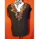 KAREN MILLEN Black Floral Embroidered Silk Top Size 10