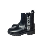 Love Moschino Women's Black Leather Ankle Boots with Logo Tape & Zip Size 6