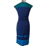 Karen Millen Womens Blue Teal Colourblock Asymmetric Midi Dress Belted UK 8