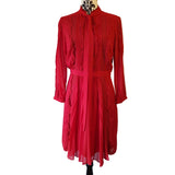 Karen Millen Beautiful Red Chiffon Midi Dress with Ruffled Tie Neck & Lace Size 10