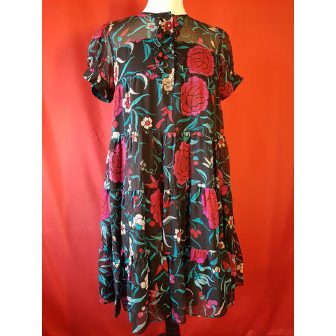 DIANE von FURSTENBERG Black Red Green Floral Print 100% Silk Dress Size 4 / S