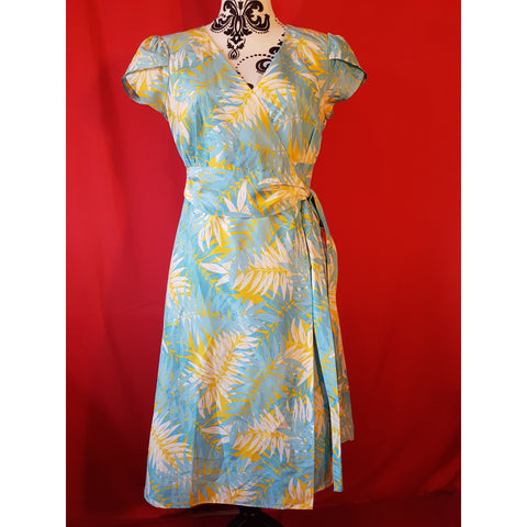 Lily Pulitzer Light Blue  Yellow Leaves Print Wrap Dress Size 4 US 8 UK