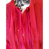 Karen Millen Beautiful Red Chiffon Midi Dress with Ruffled Tie Neck & Lace Size 10