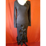 FENN WRIGHT MANSON  Black Silk Skirt Suit Flowers Embellished Size 12
