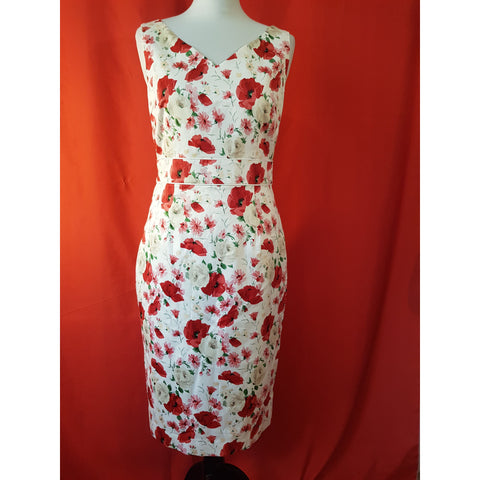 Laura Ashley White Red Green Floral Print Cotton Dress Size 12