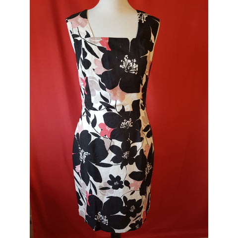 KALIKO White Black Pink Floral Print Linen Cotton Dress Size 10.