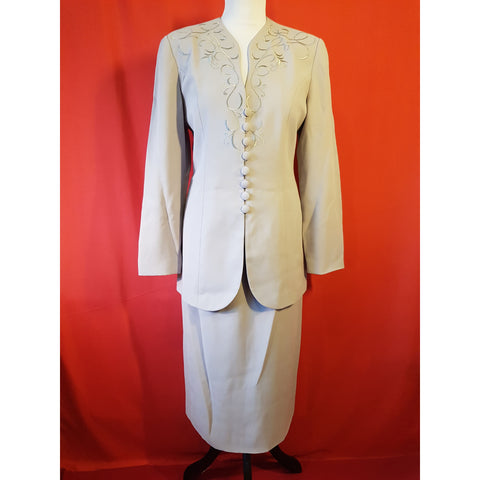 After Six at Ronald Joyce Grey Embroidered Skirt Suit Size 12
