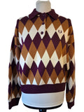 Fred Perry Diamond Jacquard Argyle Knit Polo White Brown Purple Jumper Size 10