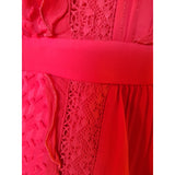 Karen Millen Beautiful Red Chiffon Midi Dress with Ruffled Tie Neck & Lace Size 10