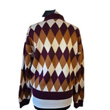 Fred Perry Diamond Jacquard Argyle Knit Polo White Brown Purple Jumper Size 10