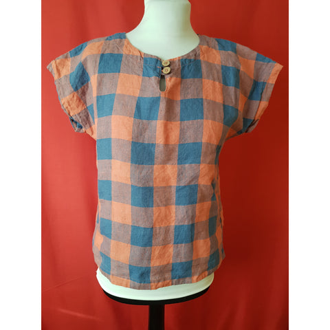 Celtic & Co Women's Blue Terracotta Check Linen Top Size 8
