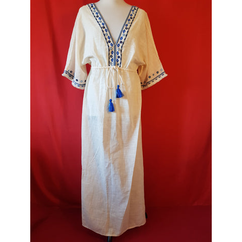 ACCESSORIZE White Blue Neck Embroidered Cotton Long Dress Size S UK8-10.