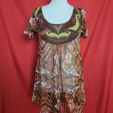 Antik Batik Womens Multicolour Mesh Material Top with beads Size M.