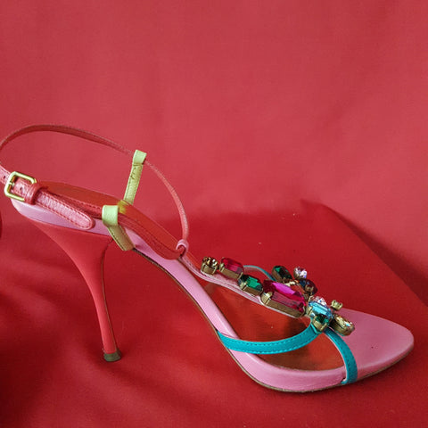 Miu Miu Pink Strapy with Gemstones Leather Heels Sandals Size 5.5 / 38.5